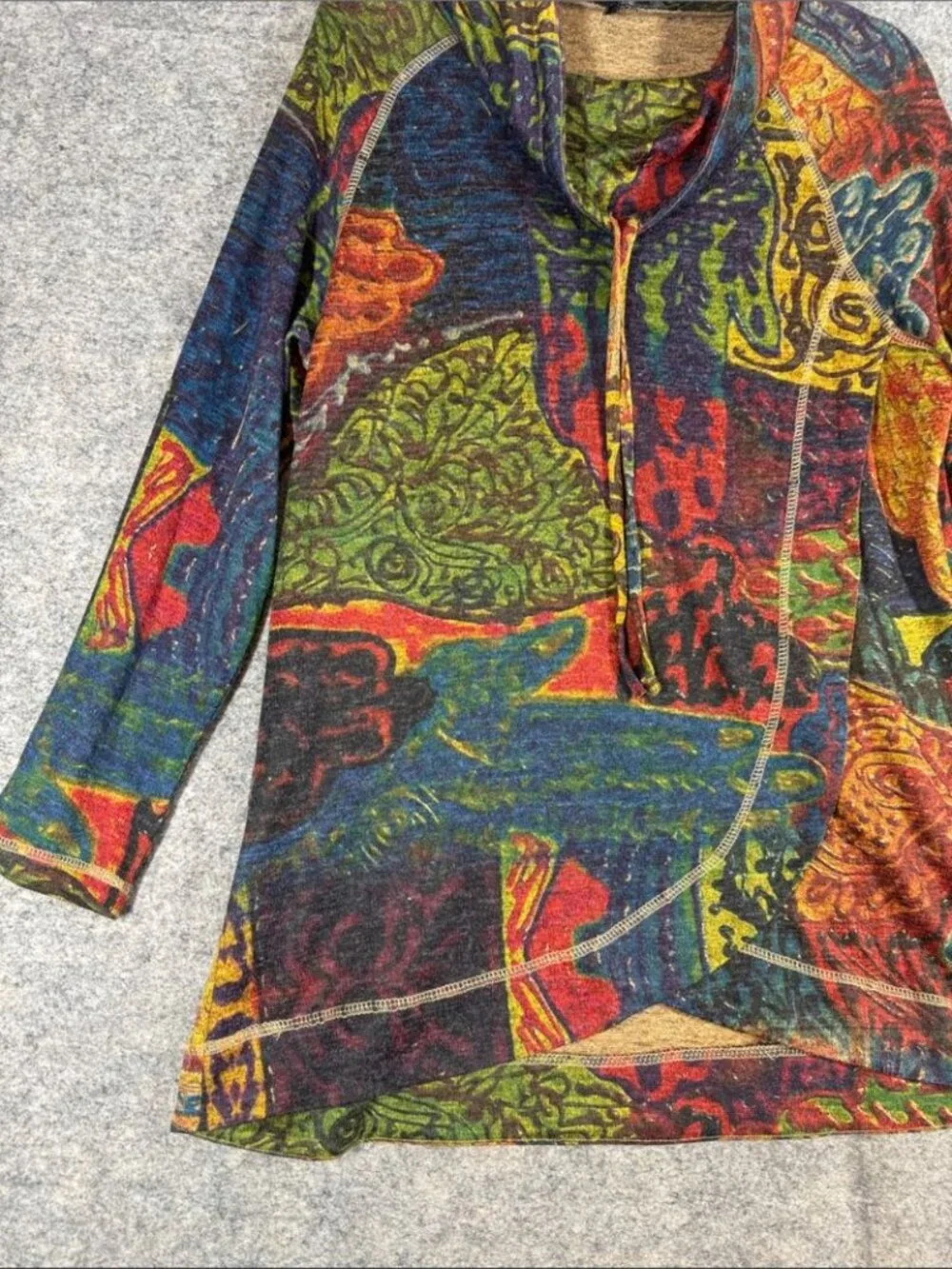 Funsport Tunic Sweater Multicolor Patch Printes Boho Artsy Festival Chic Medium